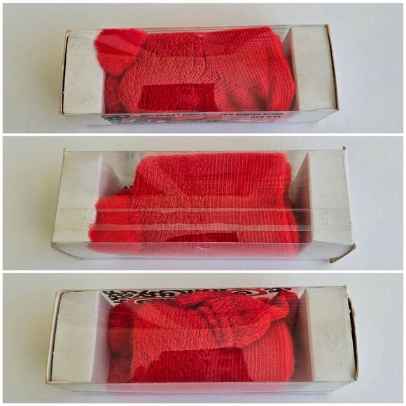 VTG Orlon Slipper Socks Red Stretch Knit Nylon PomPom Vintage 70s One Size - Picture 5 of 7